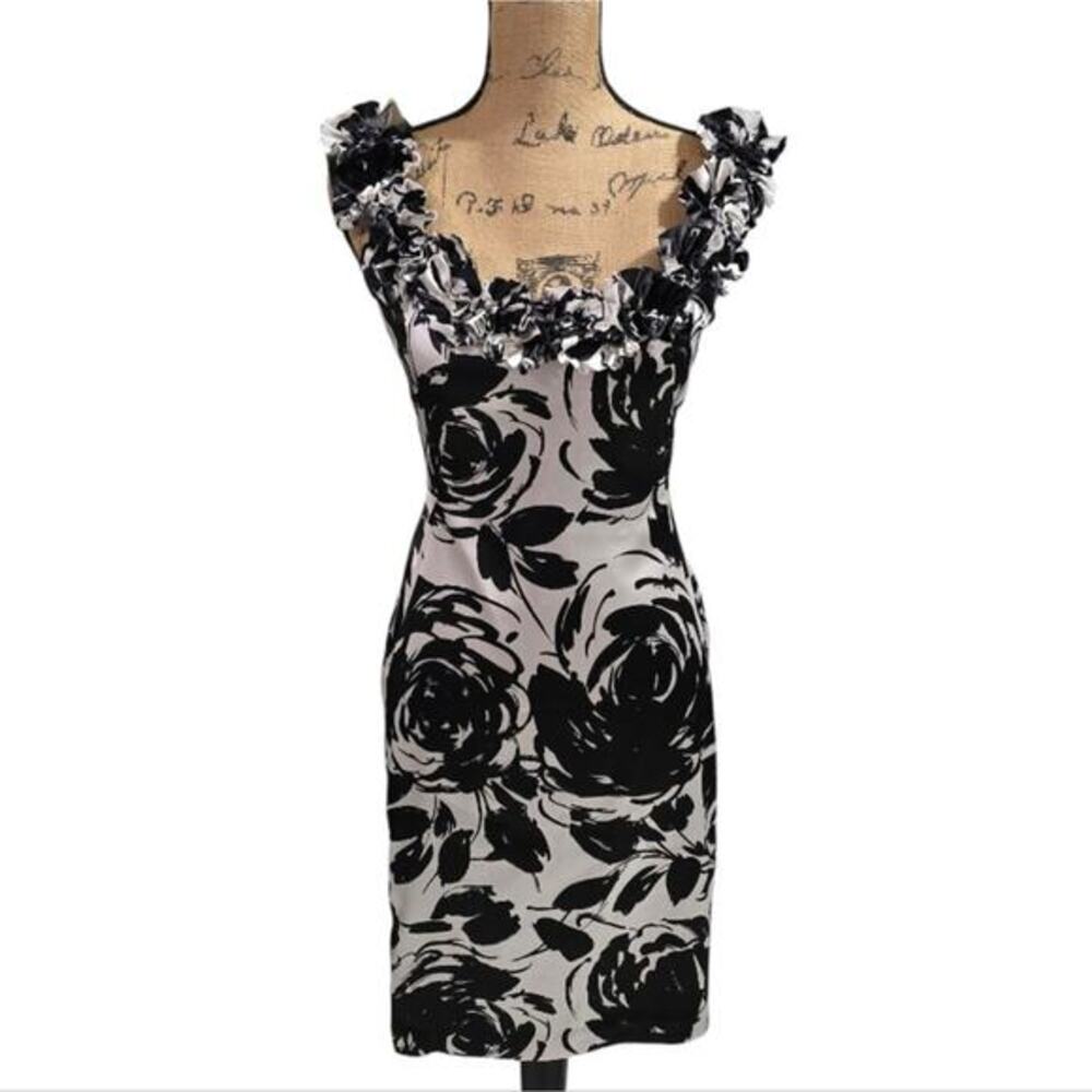 WHBM Floral Black and White ruffleβ Sheath Party Cocktail Dress Size 2